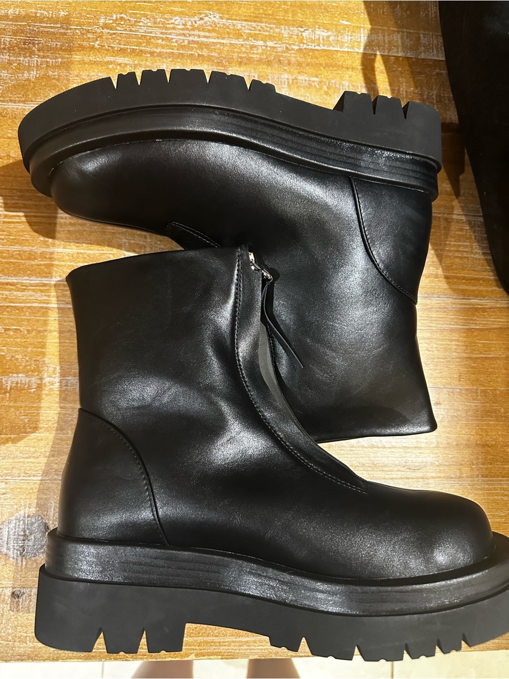 Billini Black Leather Chunky Zip Ankle Boots